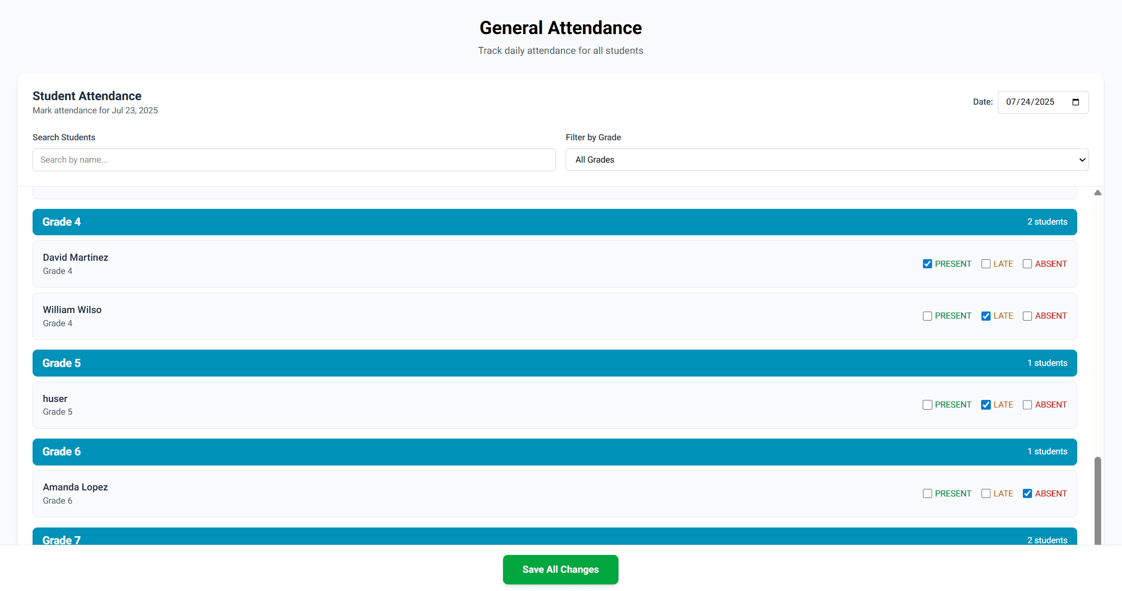 SchoolMule Attendance Dashboard with real-time tracking and analytics