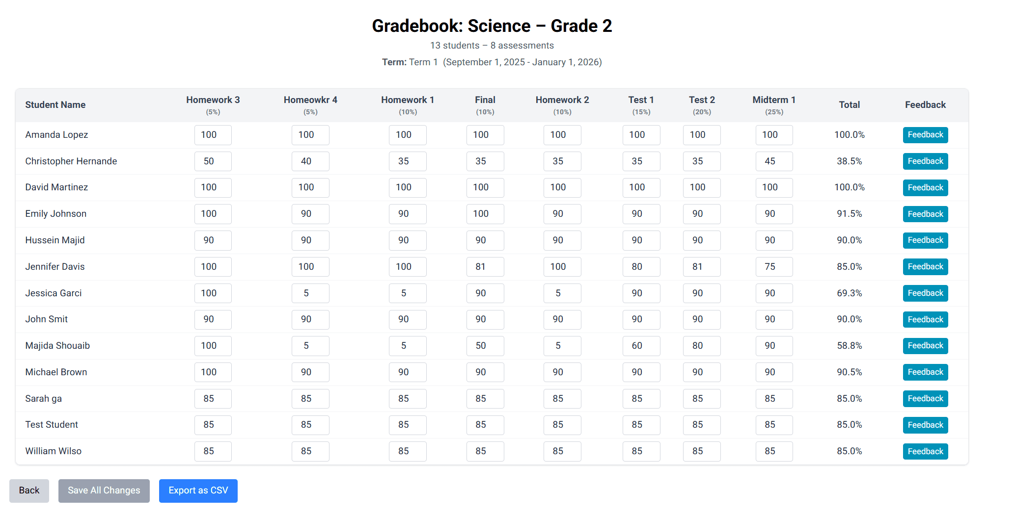 SchoolMule Gradebook Screenshot showing grade calculations and assessments