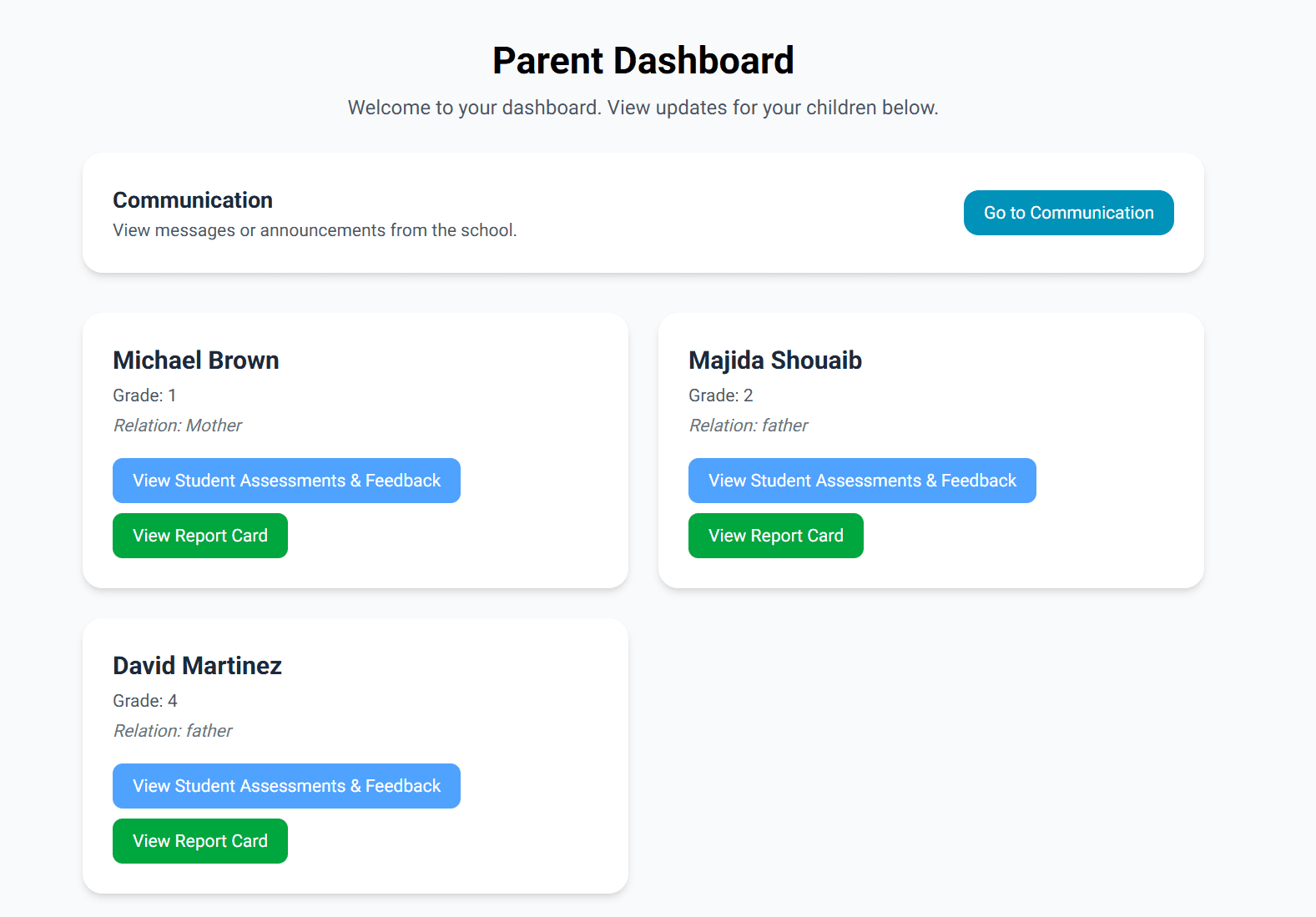 SchoolMule Parent Portal Screenshot showing parent dashboard and child progress