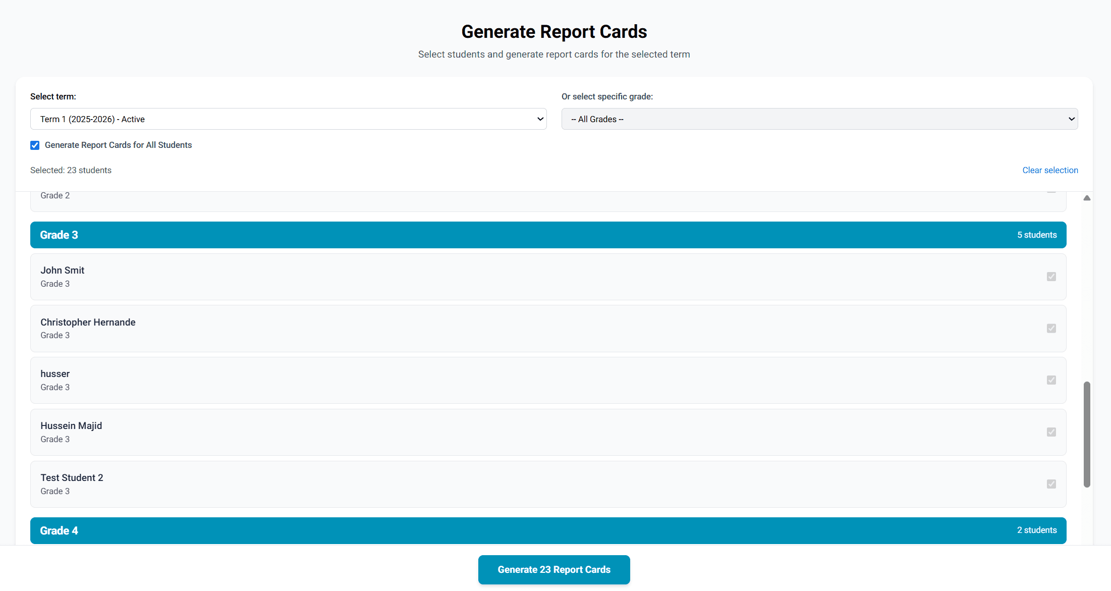 SchoolMule Report Card Generator showing PDF creation and teacher feedback