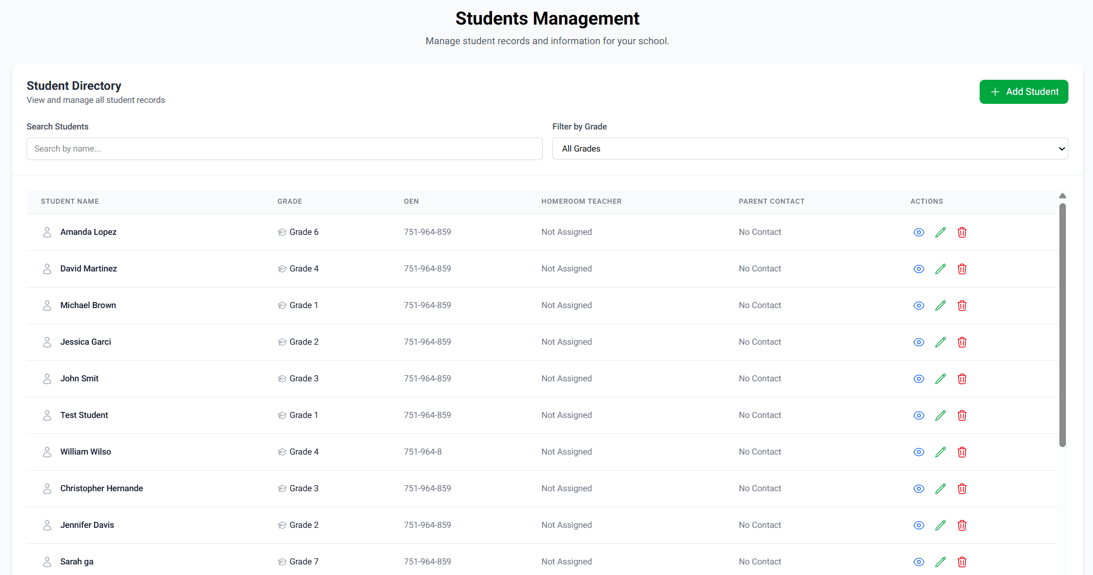 SchoolMule Student Management Interface showing student profiles and enrollment