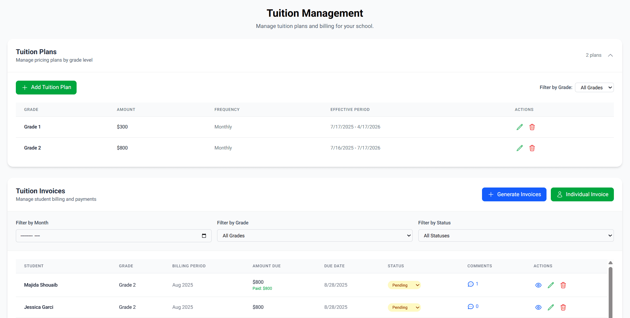SchoolMule Financial Dashboard showing tuition management and payment tracking