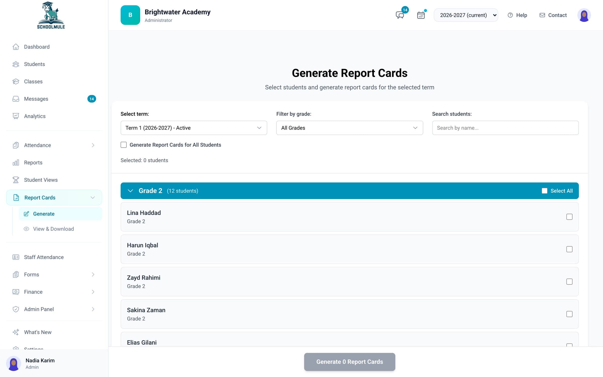 Report cards for a class, ready to generate