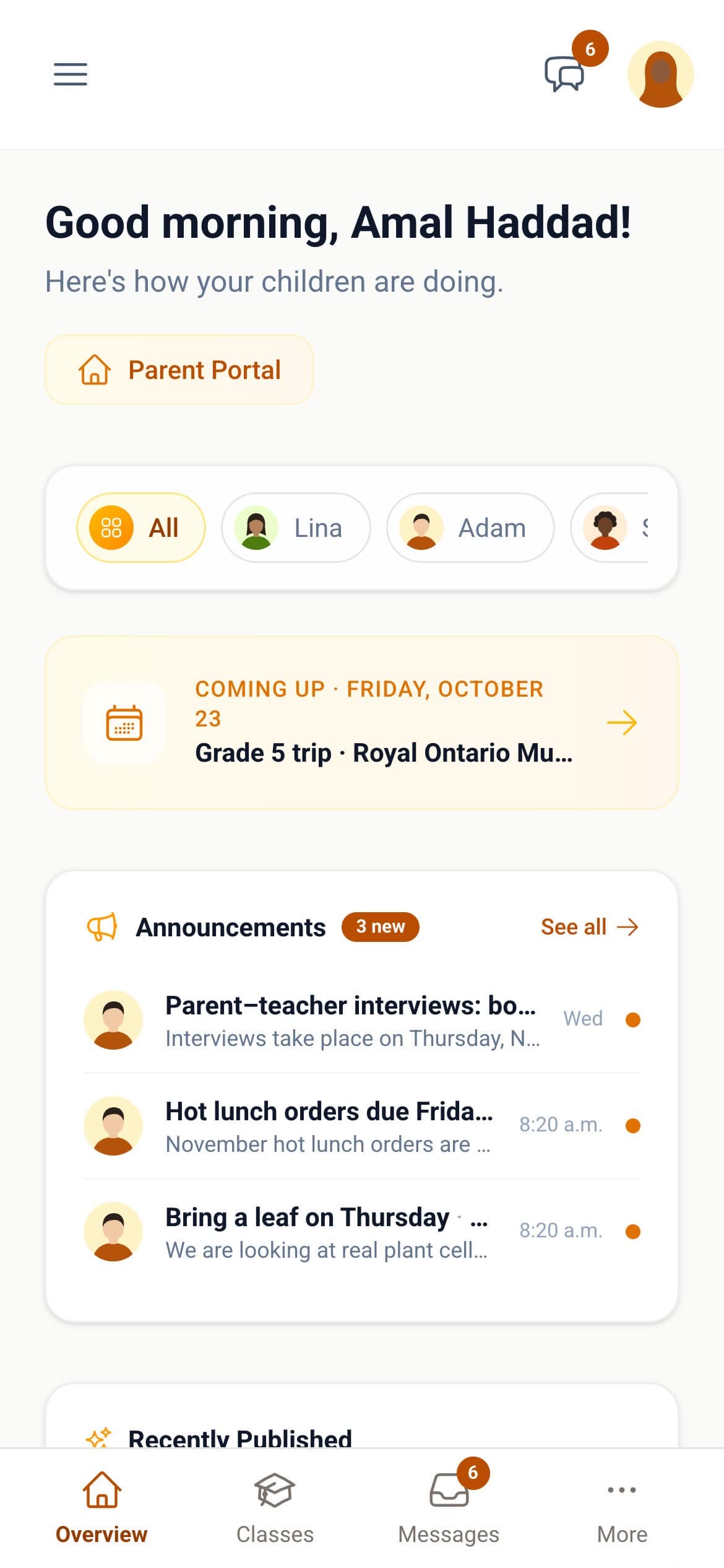 The parent overview on a phone, with a switch between children