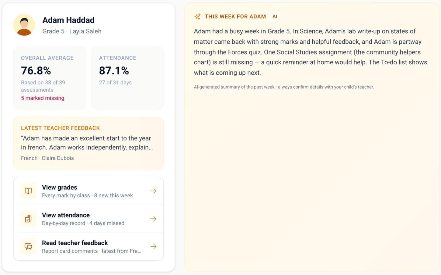 Adam's overall average, attendance, latest teacher feedback and an AI-written summary of his week