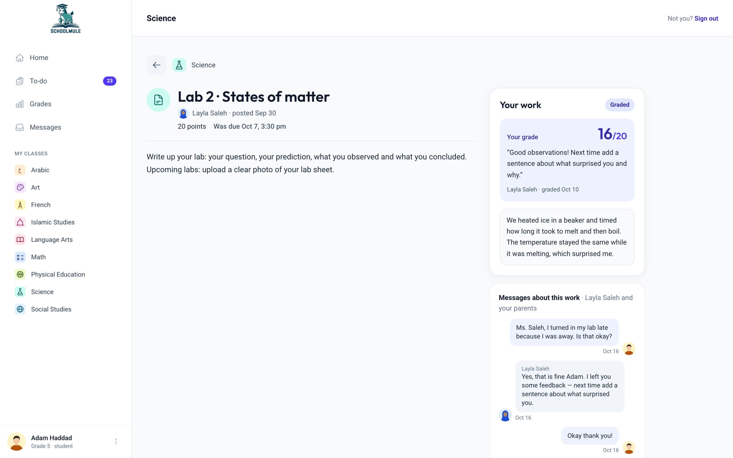 A graded science lab with the teacher’s feedback and messages