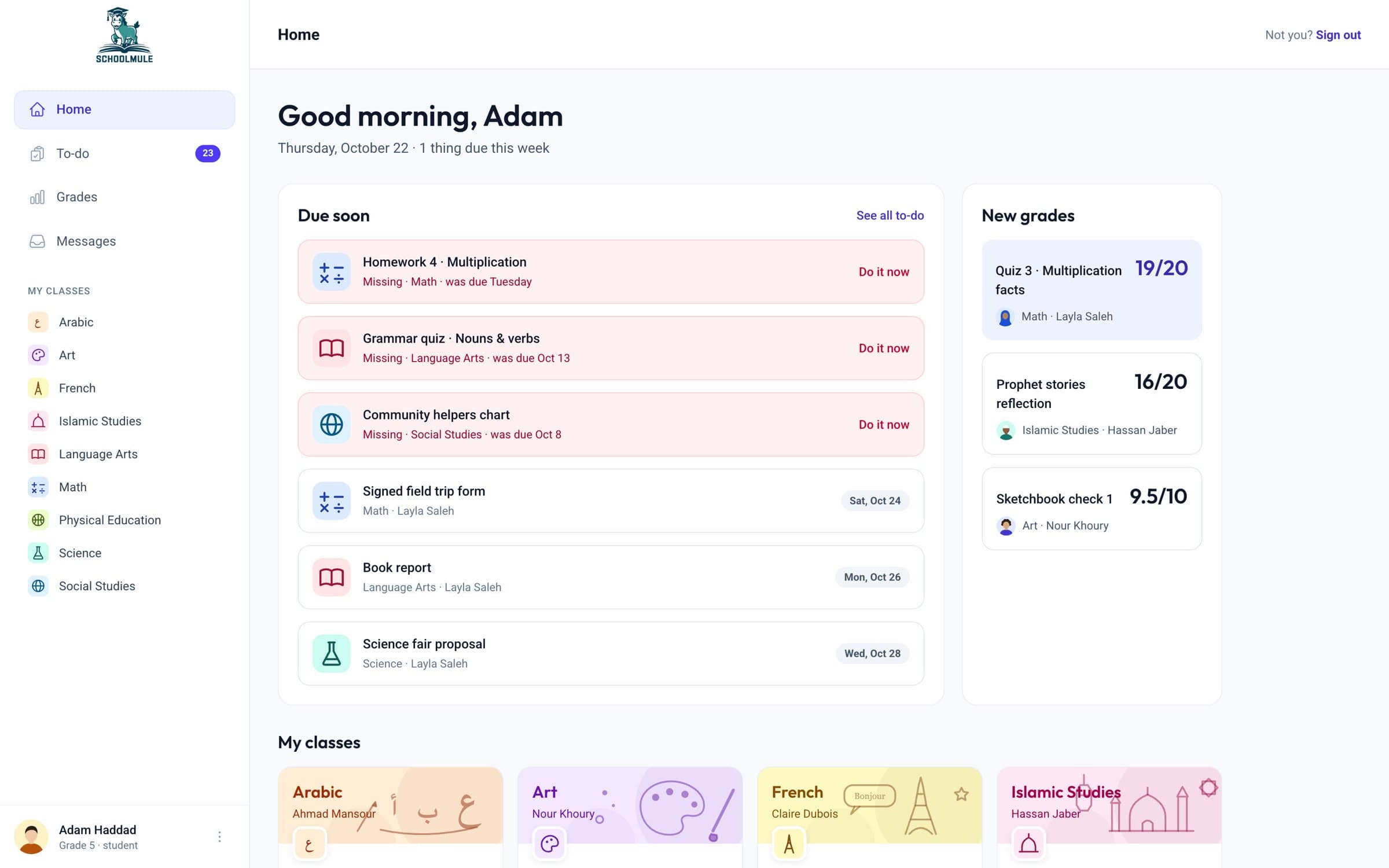 Adam's home page with work due soon and new grades